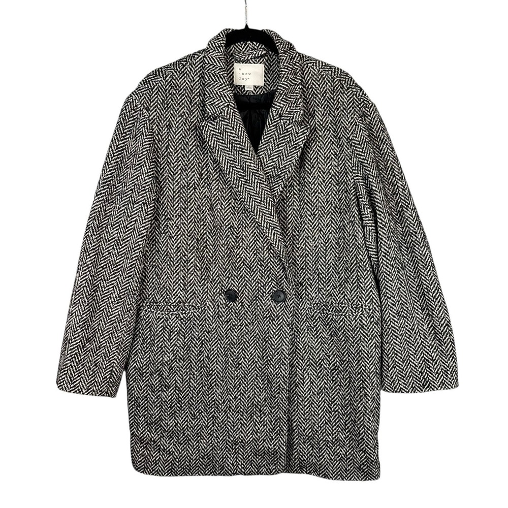 A New Day Womens Overcoat Black Tweed Herringbone Double Breasted Sz L Heritage‎